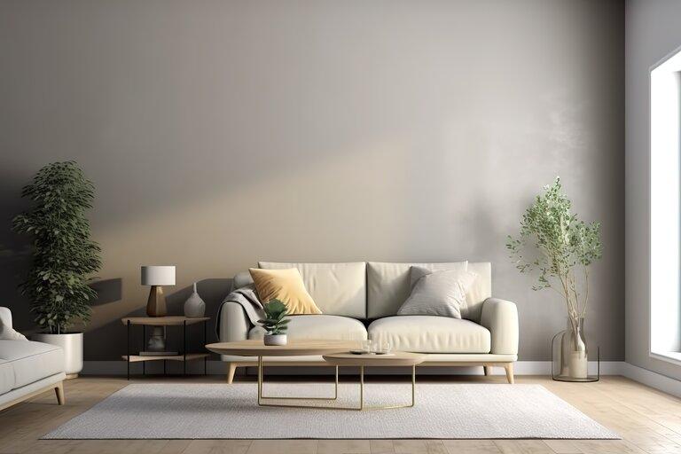 Weißes minimalistisches Wohnzimmer Interieur mit Sofa auf einem Holzboden, Dekor auf einer großen Wand, weiße Landschaft im Fenster.