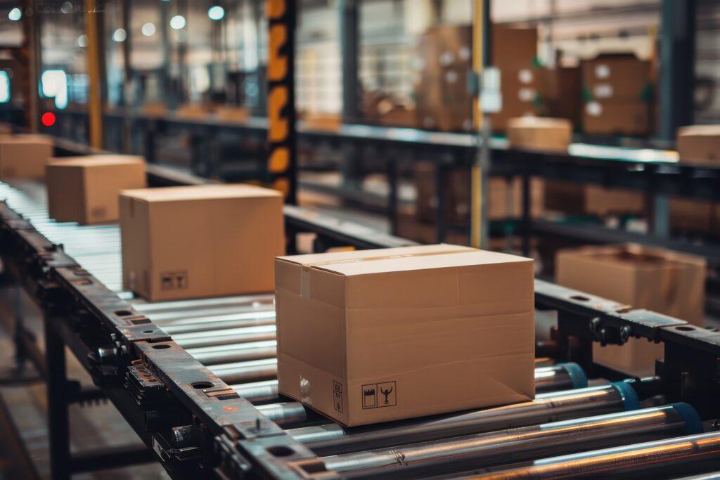 Kartonverpackung auf Förderband im Lager | Luftkissenfolie
