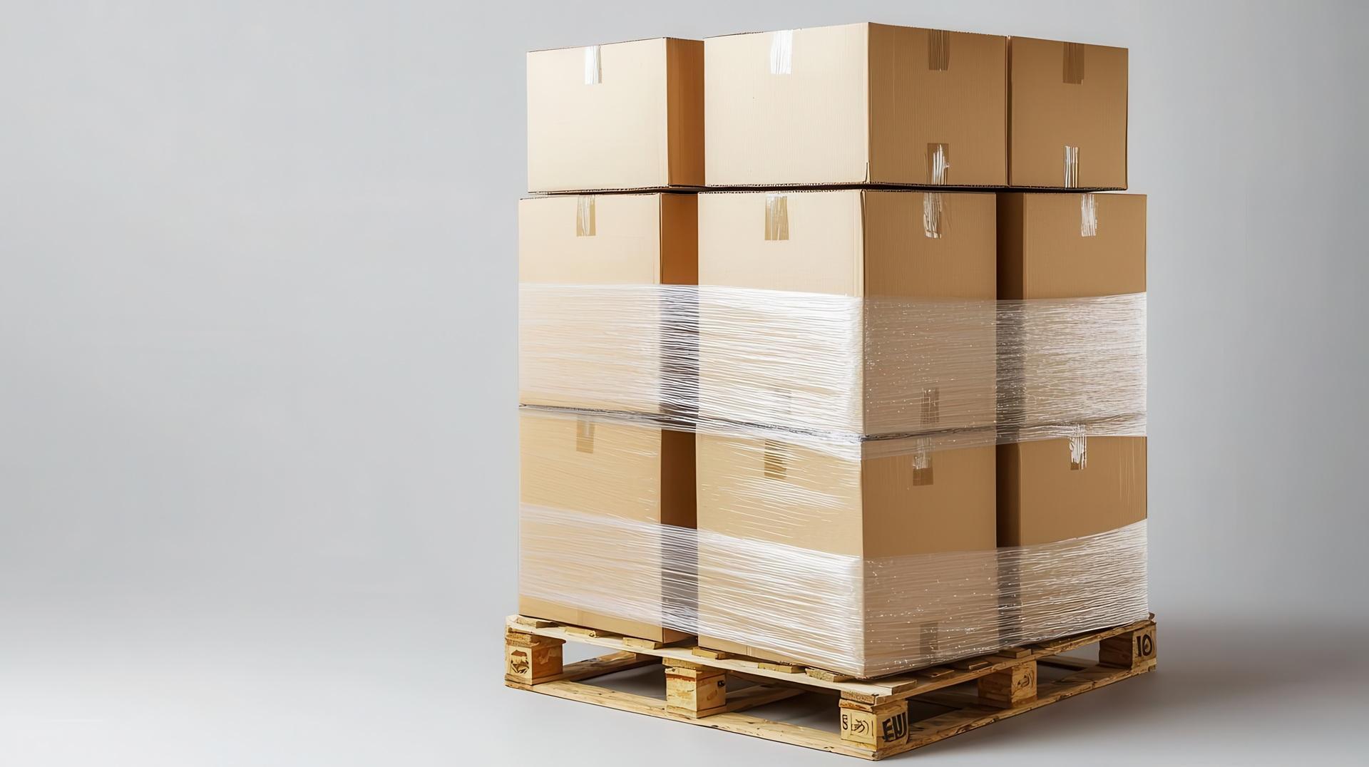 Gestapelte Kartons auf Palette mit Stretchfolie | Luftkissenfolie 