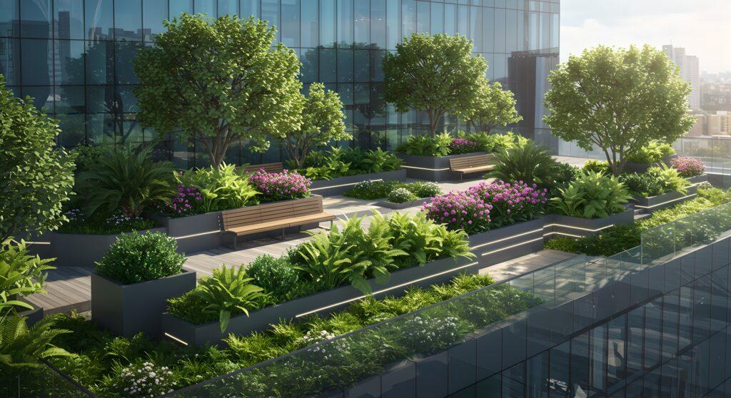 Grüner Dachgarten mit Bäumen, Sitzbänken und Blumen | Dachbegrünung