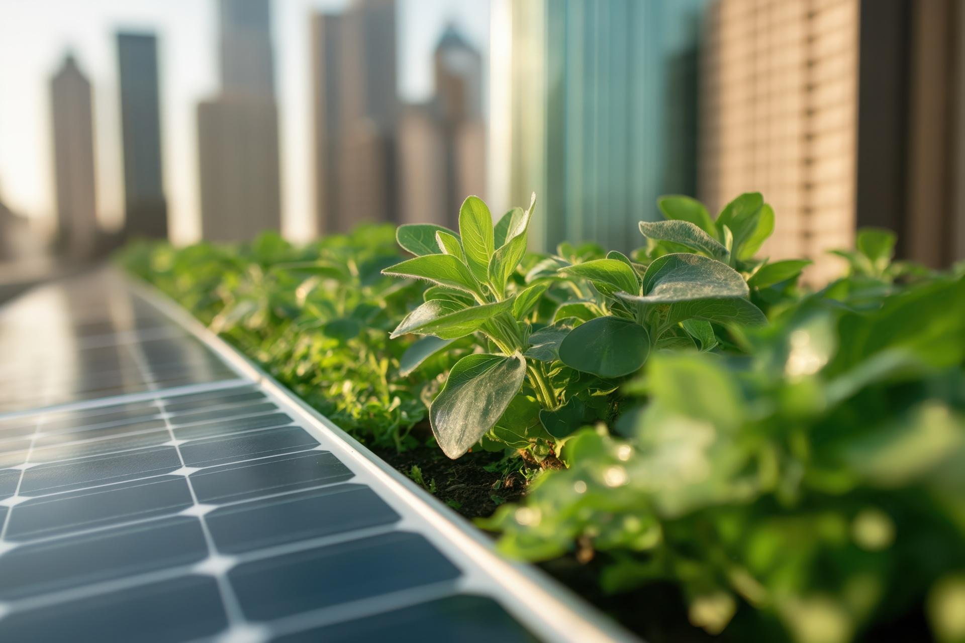 Grüne Pflanzen neben Solarpanel auf Stadtdach | Dachbegrünung