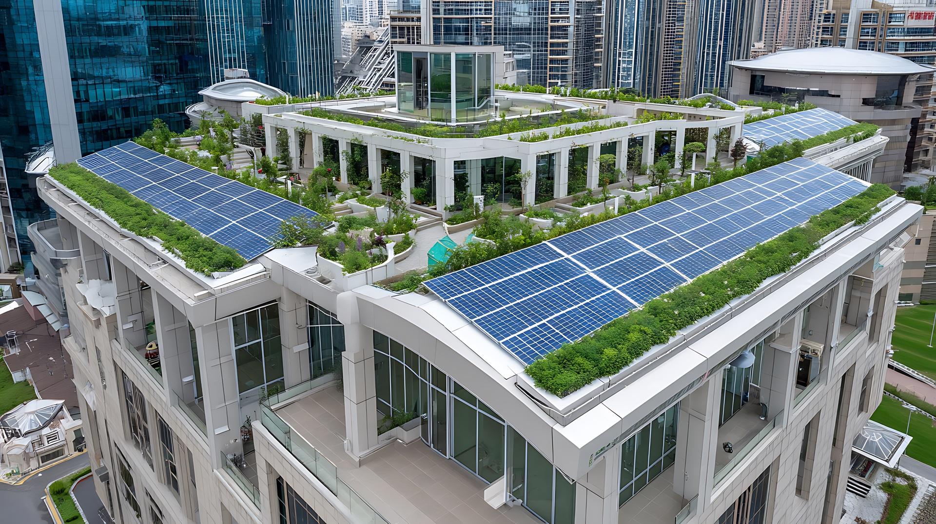 Begrüntes Hochhausdach mit Solaranlagen und Pflanzen | Dachbegrünung